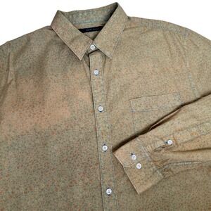 Perry Ellis Button Down Shirt Mens XL Tan Green Floral Cotton Long Sleeve Pocket